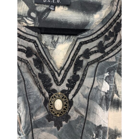 BLEU Tunic Top Women Size M Abstract Floral Medallion Festival Witchy Artsy Goth - Picture 5 of 13
